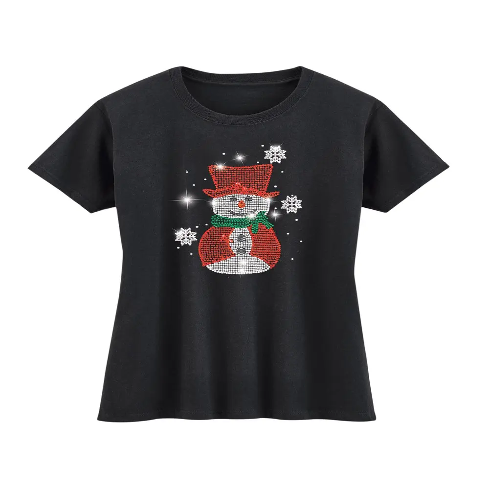 

Women`s Snowman Snowflake Rhinestone Short Sleeve Tee Black Medium