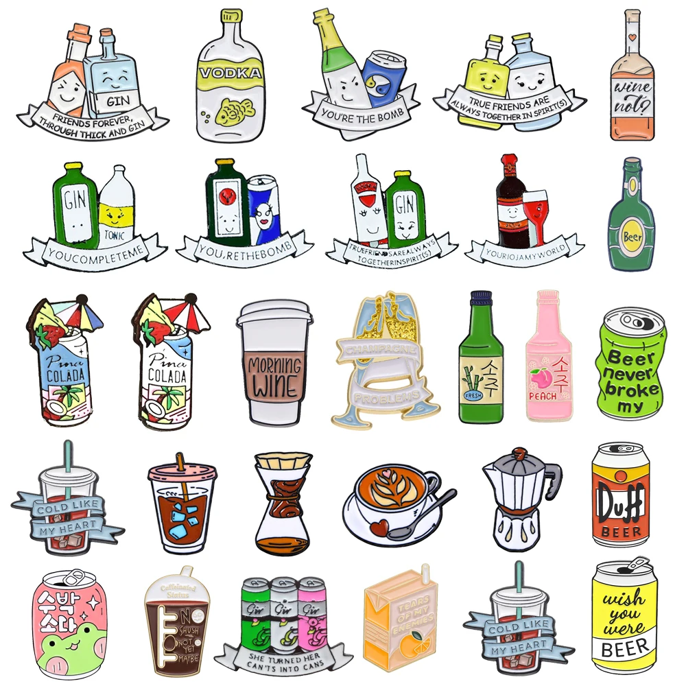 Металлическая брошь в виде бутылки вина пива колы кофе шампанского