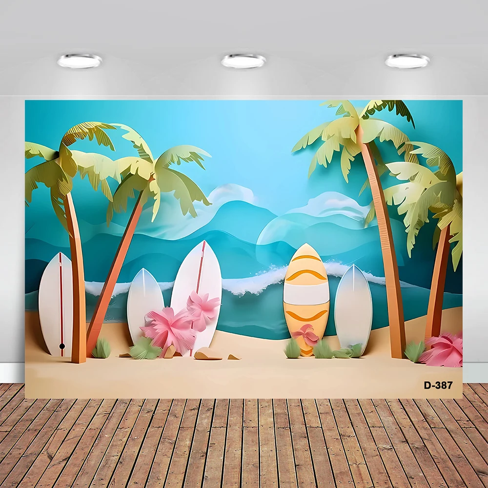 

Summer Beach Sea Ocean Flamingo Photography Backdrops Sky Seaside Surfboard Tropical Palm Tree Luau Baby Background Photo Booth