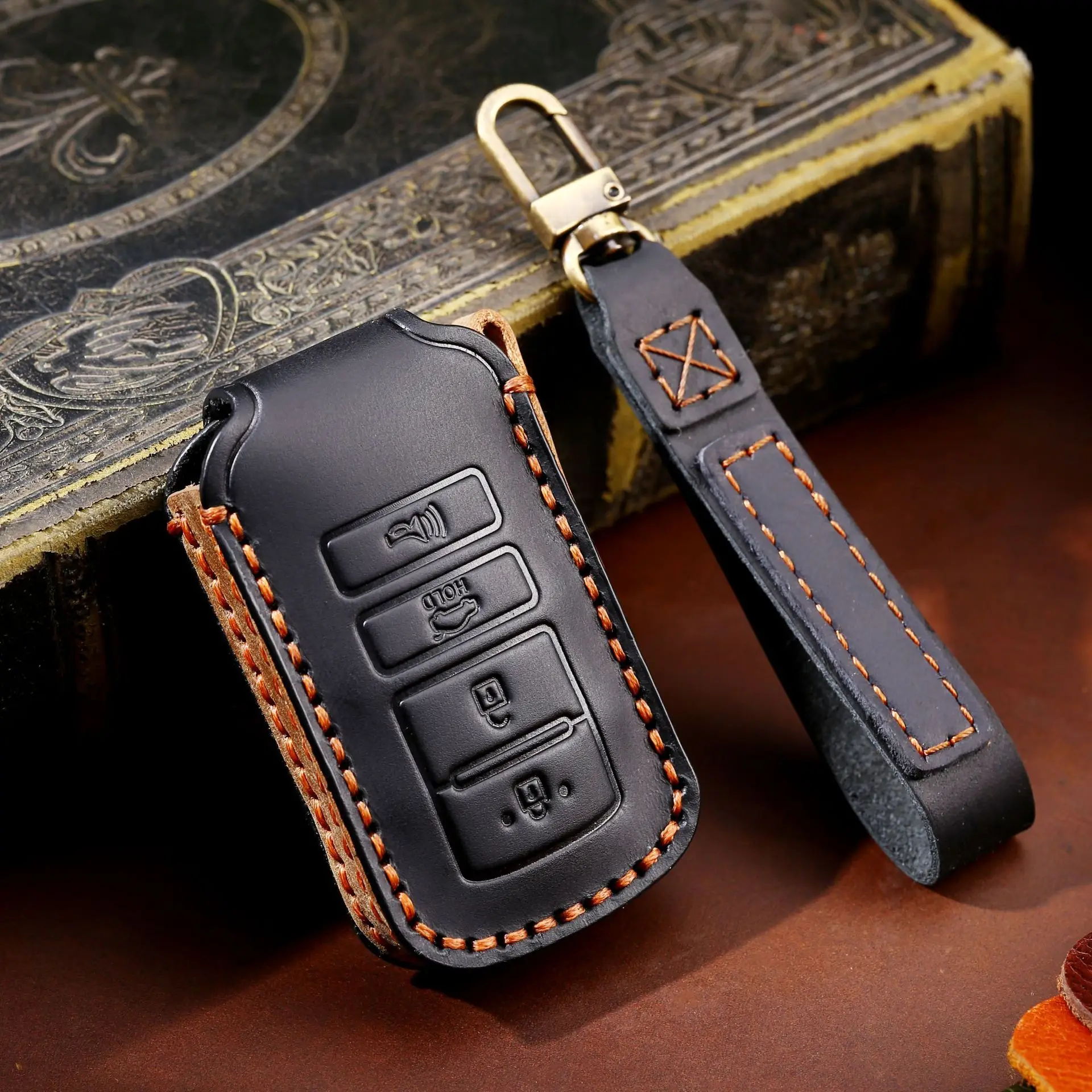 

Luxury Leather Car Key Case Cover Fob Protect for Kia 4 Button Sorento K900 K7 Cadenza Accessories Keychain Holder Shell Bag