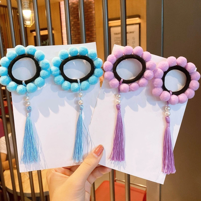 

2 Pcs/set Kids Tassel Wool Ball Elastic Hair Bands Girls Rubber Hair Ties Scrunchies Ponytail Holder Hair Accessories Headwear