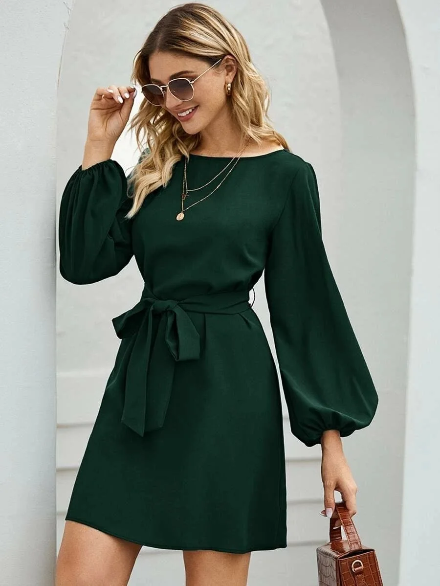 

Fashion Woman Office Lady's O-neck Solid Skin Tight Dress Sexy Ladies Lantern Long Sleeve Casual Elegant Bodycon Dresses Clothes