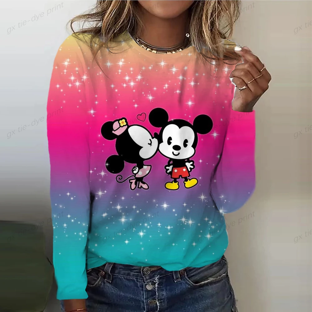 

Женская футболка с длинным рукавом, Повседневная футболка с принтом Минни Маус и круглым вырезом, весна-осень 2023