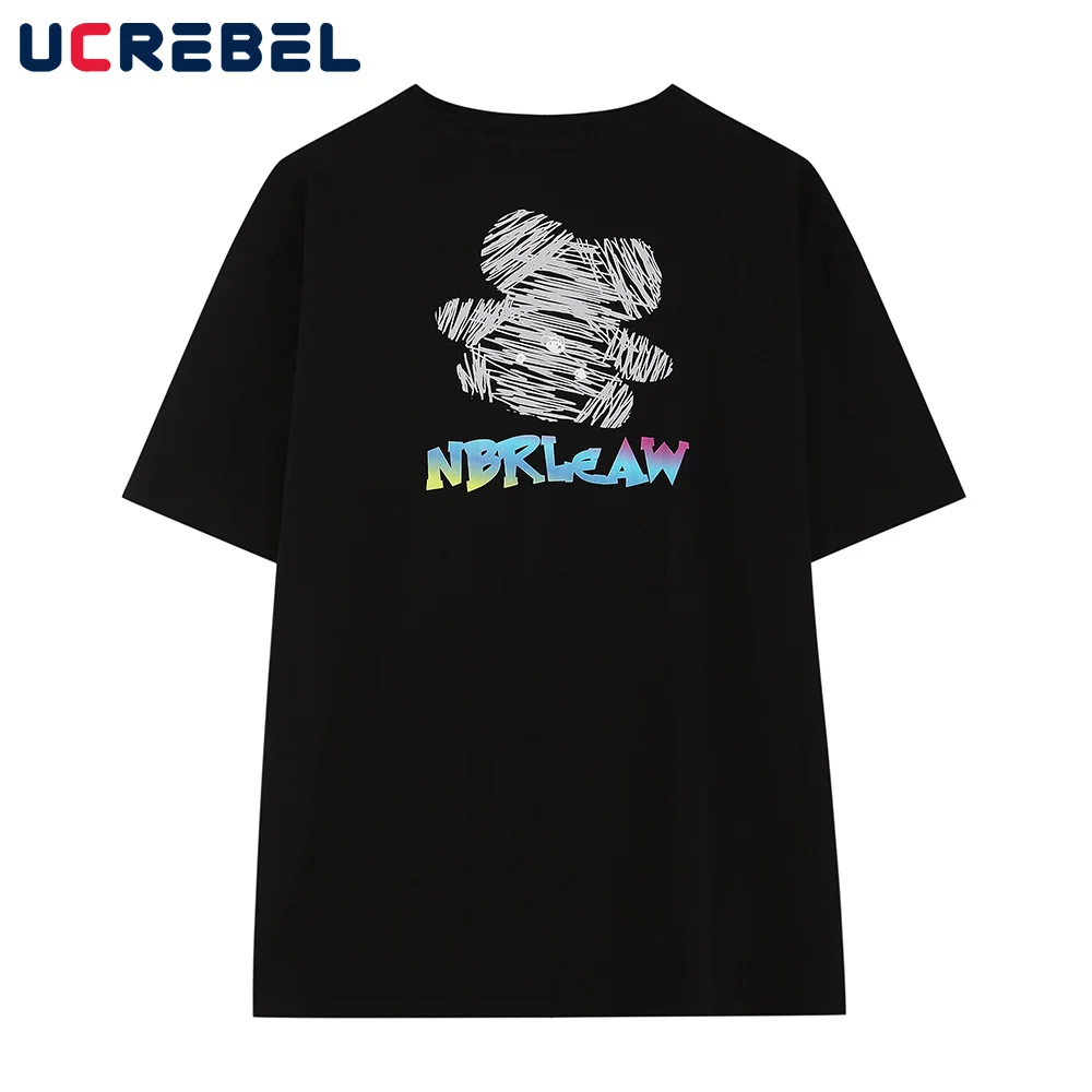 

Bear Graffiti Short-sleeved T-shirt Mens Summer Shoulder Drop Loose Cotton Tee High Street Round Neck Half-sleeve Top Men