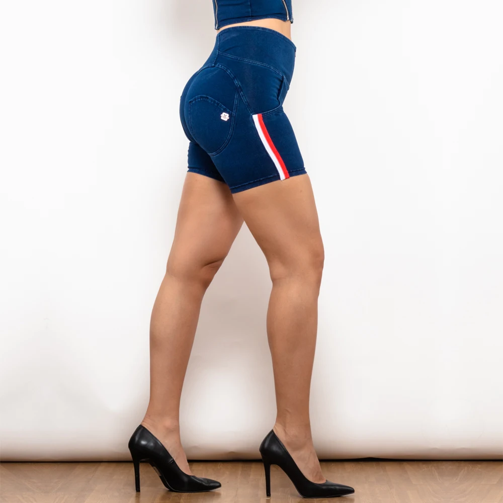 Shascullfites Melody Stripe Jeans Shorts High Waist Dark Thread Dark Blue Jeans with Stripe Denim Shorts Women Butt Lift Shorts