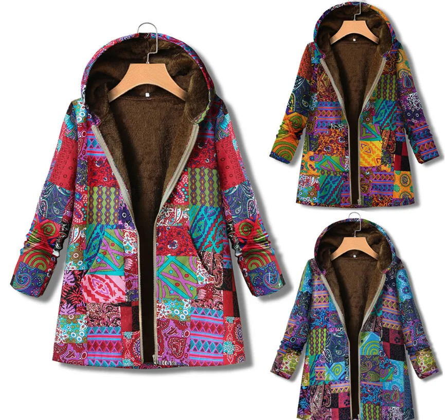 

Autumn and Winter New Cotton and Hemp Coat Women's Vintage Warm Printing Pocket Thickened Zipper Hooded Coat Coat Coat