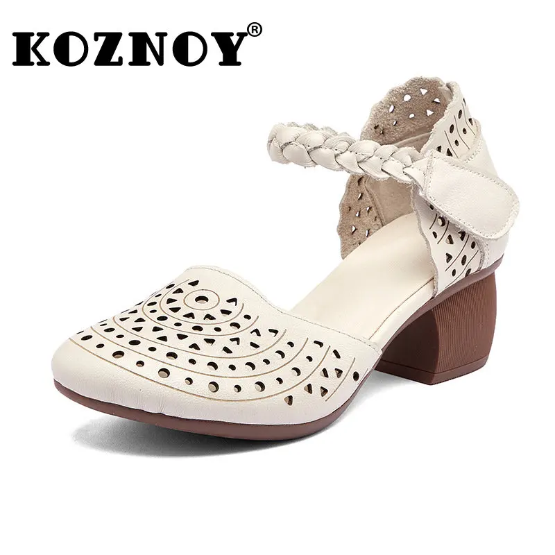 

Koznoy 4.5cm 2023 Women Moccasins Cow Genuine Leather Ladies Females Sandals Low Heels Summer Soft Soled Hook Comfy Hollow Shoes