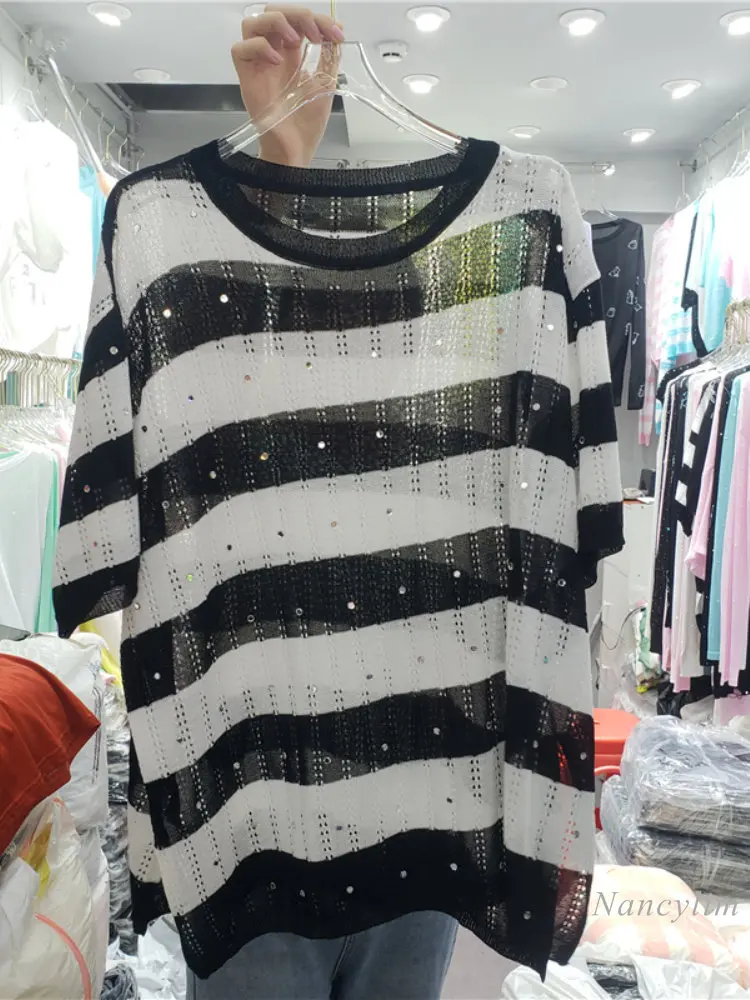 

Women's Summer Loose Thin Knit T-shirt Office Air-conditioned Pullover Tshirt Hot Rhinestone Short Sleeve Sun Protective Top