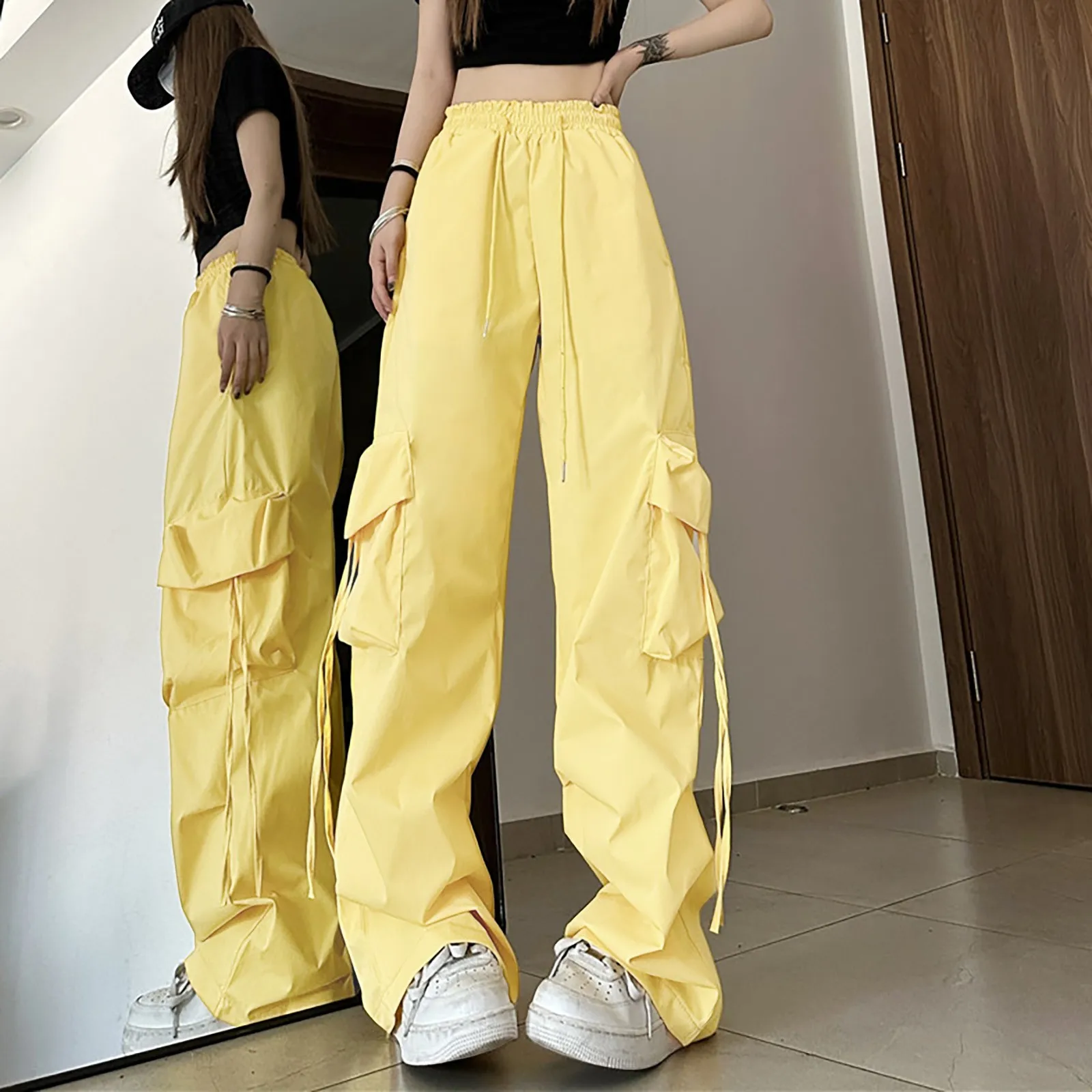 

Women Cargo Pants High Waist Vintage Solid Loose Streetwear Baggy Overalls Retro Sporty Pockets Wide Leg Y2k Trousers