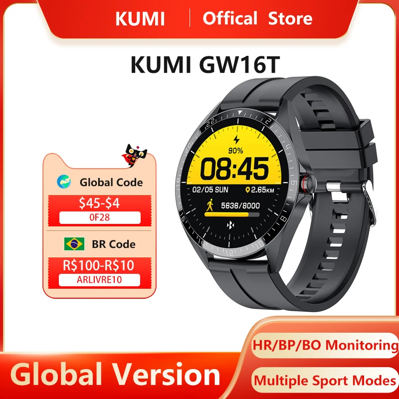 kumi gw16t men smart watch sport fitness heart rate monitor ip67 waterproof full touch screen smartwatch for ios android phone free global shipping
