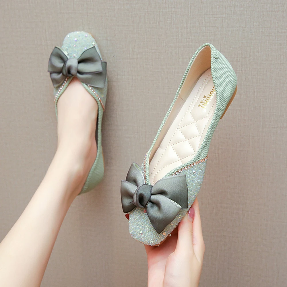 Flat single shoes female spring 2023 new bow gentle shallow mouth ladle shoes all match soft sole bean shoes