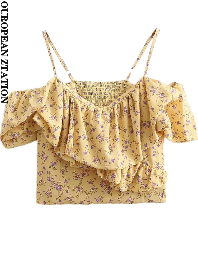 

Женская укороченная блузка PAILETE с цветочным принтом, винтажная блузка без рукавов с эластичной застежкой-молнией сзади, женские рубашки, ши...