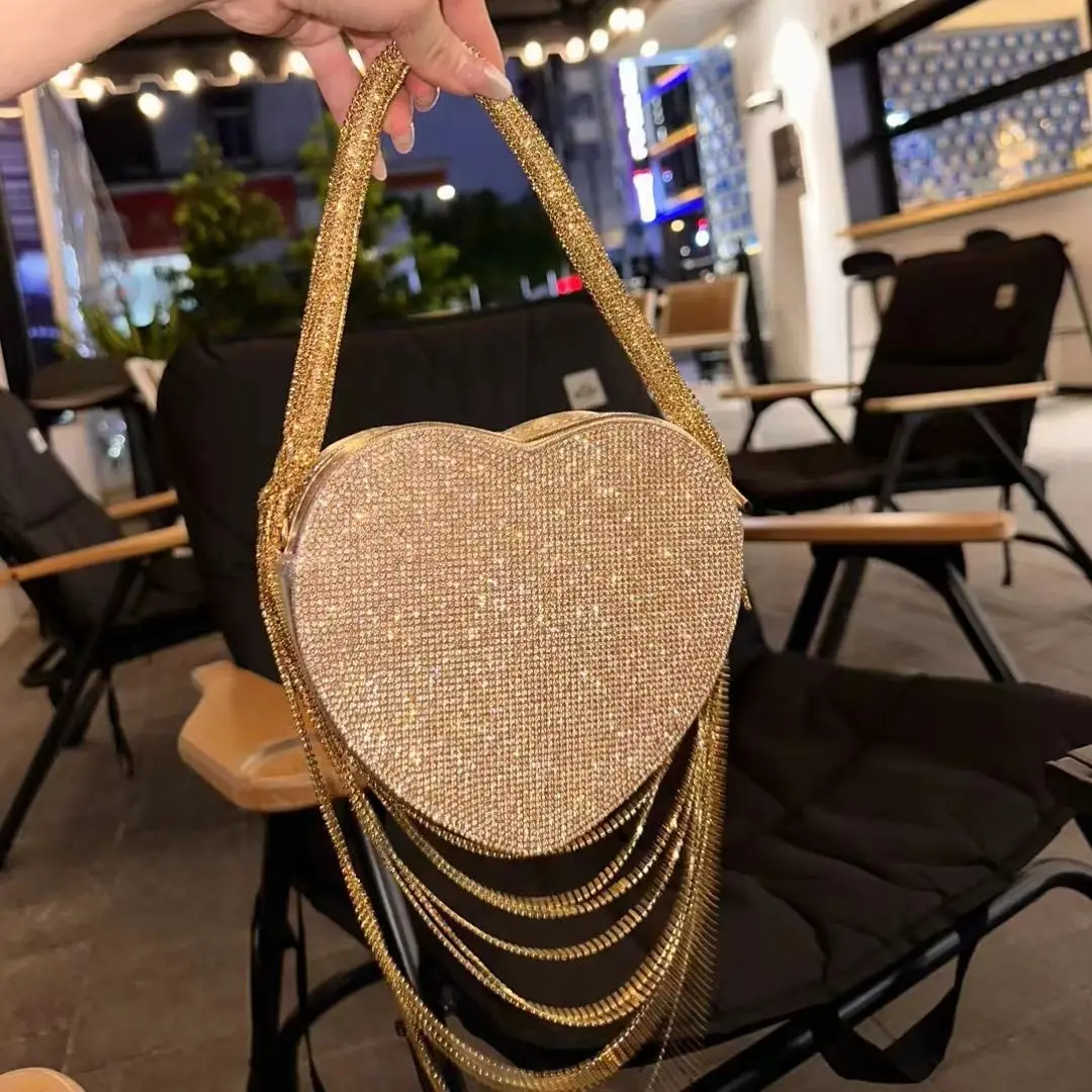 

Luxury Diamond Handbags Heart Design Rhinestone Evening Bag Beading Tassel Shoulder Bag Cute Wedding Clutch Purses Ladies Tote