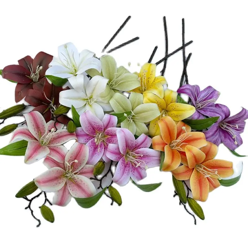 

One Artificial Greenish Lily Flower Branch 4 Heads Real Touch 3D lilium Stems for Wedding Centerpieces Floral Arrangement