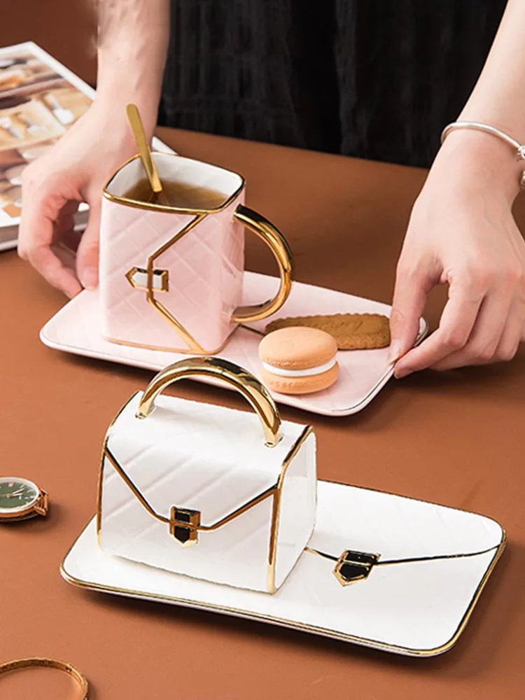 

Ceramic Coffee Cup Bag Shape Handle Mug Saucer with Spoon Handle Mug Milk Tea Juice Water Drink Cup Couple Friend Gift Drinkware