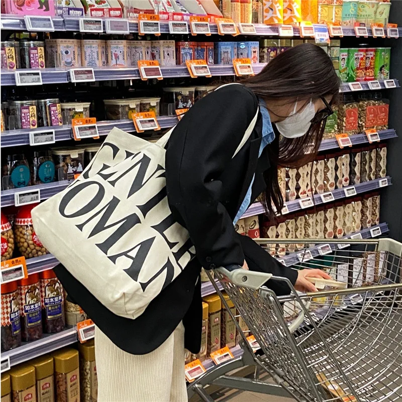 Women Canvas Shoulder Bags GENTLEWOMAN Letter Tote Handbags Female Casual Large Capacity Cotton Cloth School Travel Shopping Bag