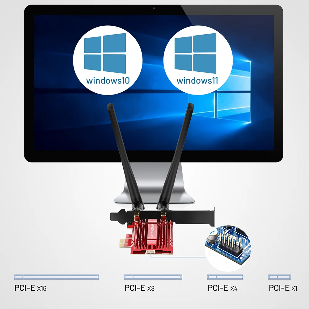 Карта WiFi PCIe AX3000Mbps для ПК 6E с Bluetooth 5.2 802.11AX Tri-Band (2.4/5/6Ghz) беспроводной Wi-Fi 6 MU-MIMO.