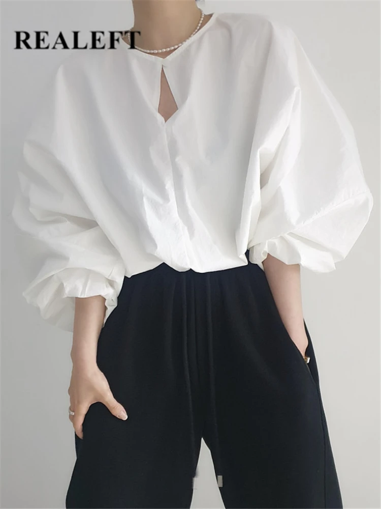 

REALEFT Summer White Women's Blouses 2022 New Fashion Lantern Sleeve Shirts Korean Style Chic Office Ladies Casual Tops Female