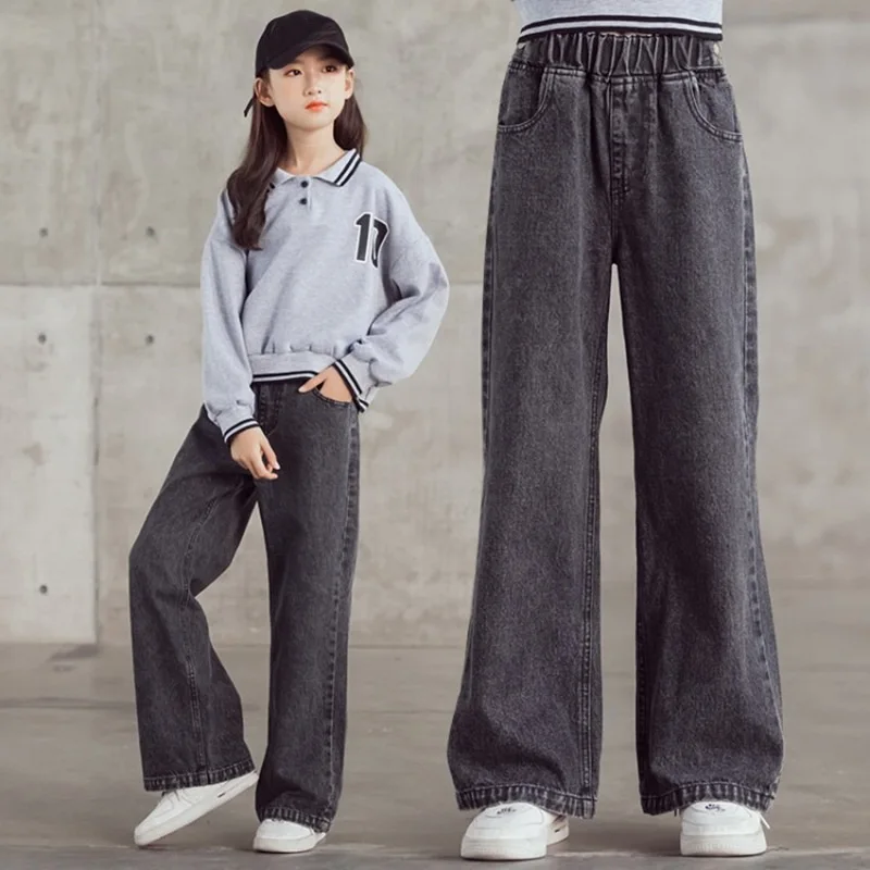 New Arrival Girls Jeans Wide Leg Pants Straight Cotton Children Loose Jeans Ripped Denim Trousers Fashion Kid Big Girls Clothing images - 6