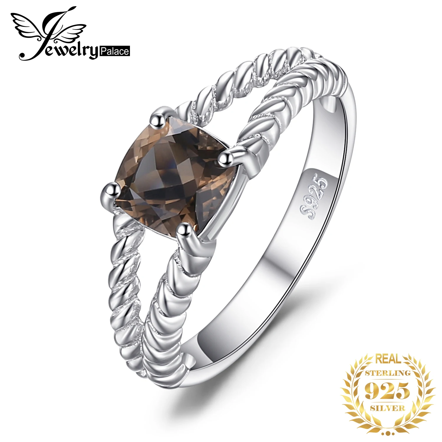 

JewelryPalace Genuine Natural Smoky Quartz 925 Sterling Silver Rings for Women Rope Solitaire Gemstone Jewelry Engagement Band