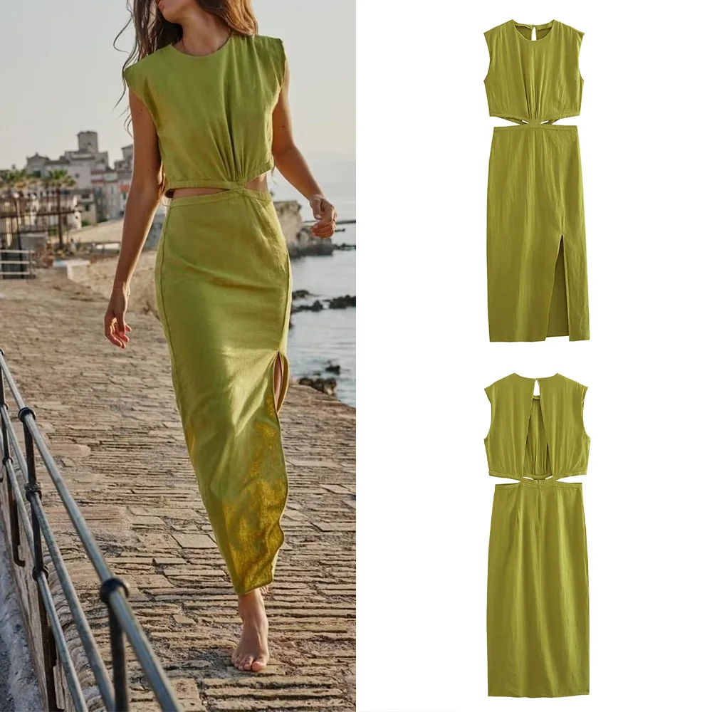 

PB&ZA summer new women's temperament fashion round neck linen blend open design minstrel dress 7901939