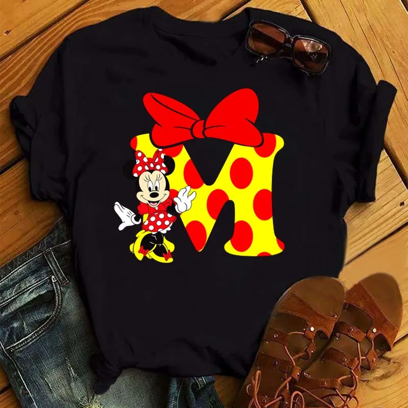 

Custom Name Letter Combination Women's High Quality Print T-shirt Cute Minnie Mouse Font A B C D T Shirt Fashion Disney Tshirt