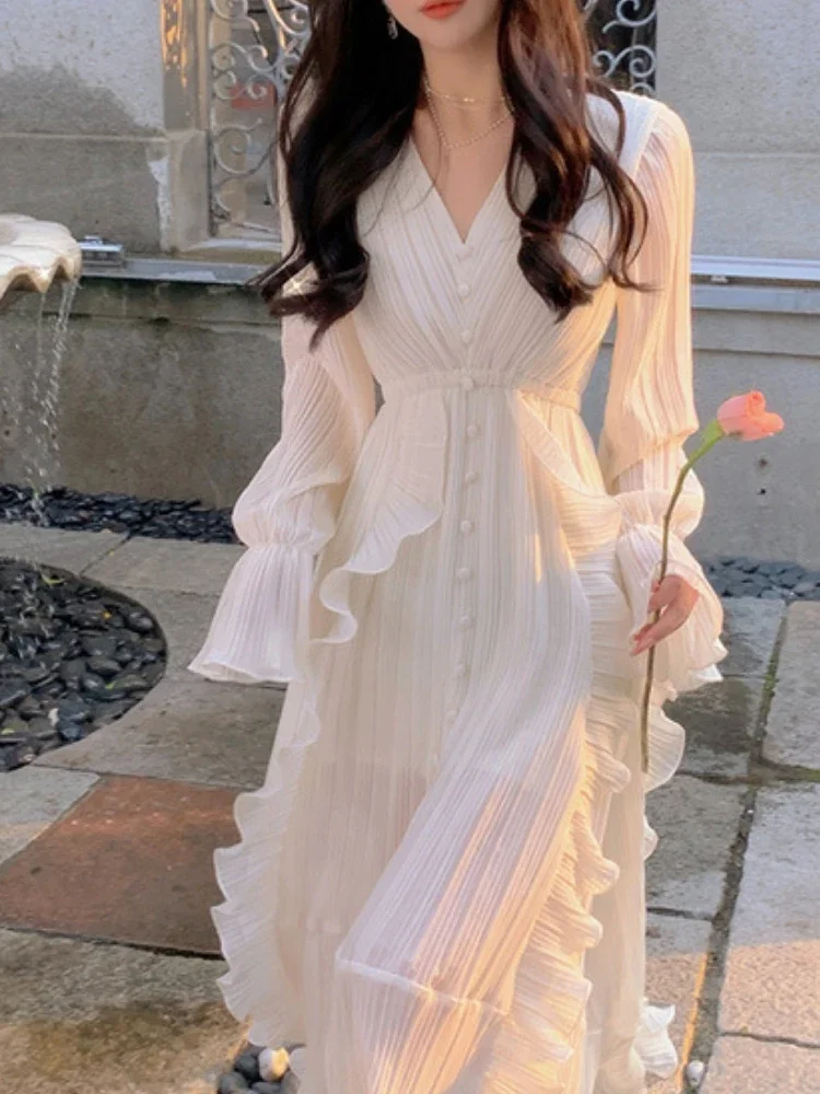 Плиссированное платье с оборками Женская одежда длинным рукавом Белое длинное