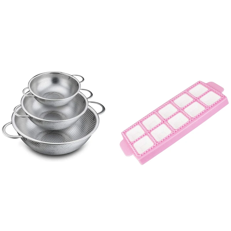 

Hot SV-Colander Set Of 3, Stainless Steel Colander Strainers & 1X Ravioli Mould Square Ravioli Maker Tray 10 Grids