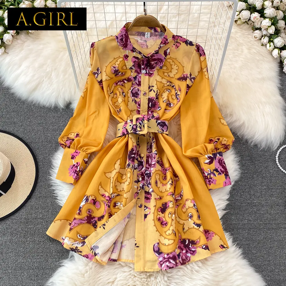 

A GIRLS Truercolory 2022 Spring Runway Boho Mini Dress Women Shirt Lepal Long Sleeve Floral Print Female Chic Belt Holiday Robe