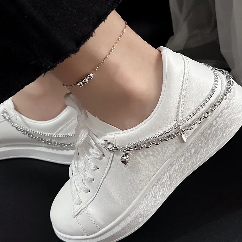 2PCS Stainless Steel Chains Double Layer Heart Charms Shoe Buckles Punk Creative Curb Link Chain Shoes Jewelry Accessories Gifts