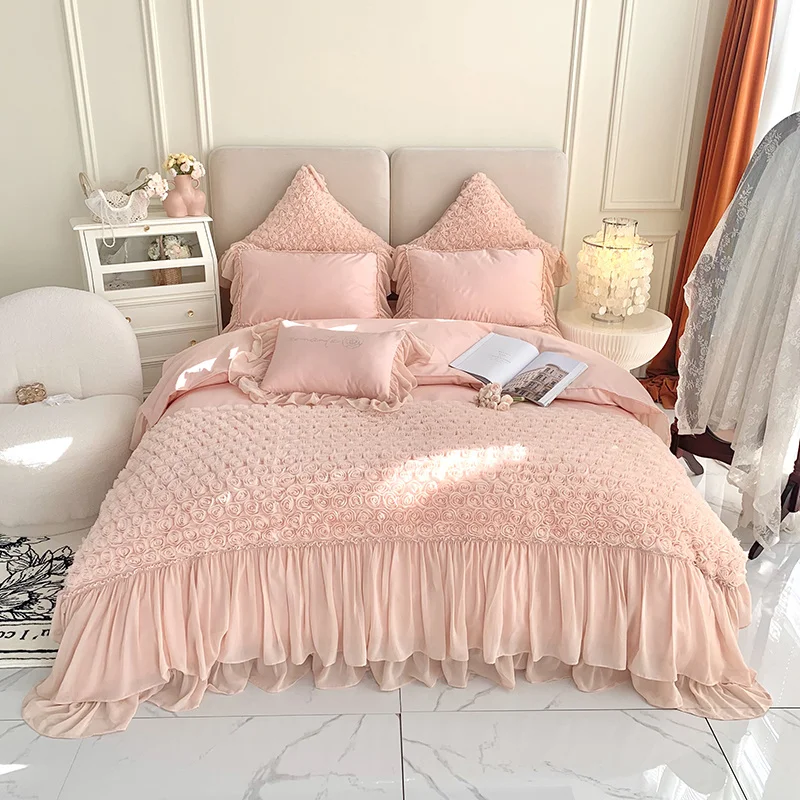 

Luxury Princess Wedding Handmade Rose Flowers Embroidery Egyptian Cotton Bedding Set Lace Quilt/Duvet Cover Bed Linen Pillowcase