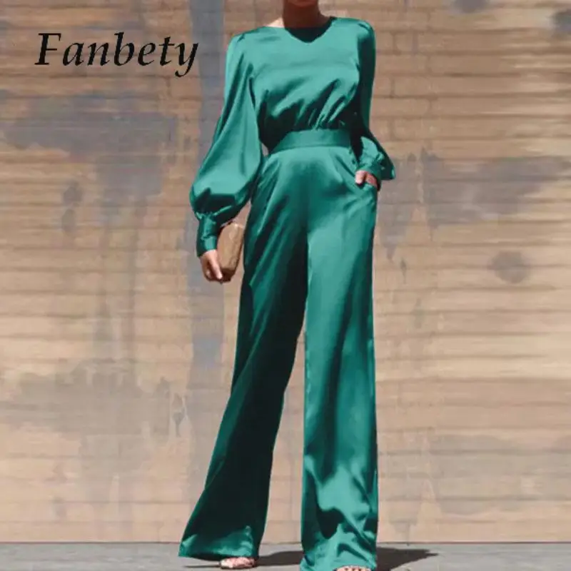 

Fashion Long Sleeve O-Neck Blouse Tops&Wide Leg Pants Outfits Office Women Solid Two Piece Party Sets Luxury Pockets Satin Suit