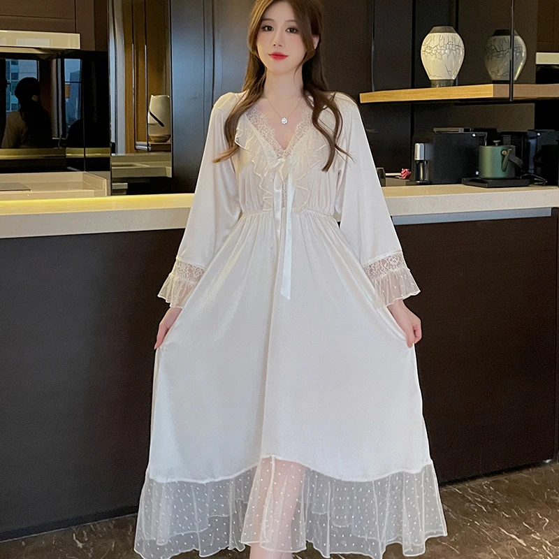 Sexy V Neck Summer Clothes Dresses Women Princess Satin Nightgown French Ruffle Lace Nightdress Silk Sleepwear Retro Long Sleeve