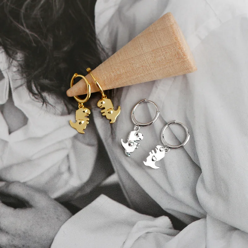 Маленькие серебряные и золотые серьги-кольца в форме динозавра для женщин