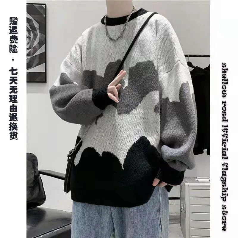 Mens Winter Casual Sweaters Cartoon Cat Pattern Men Pullover Fit Knitted Round Neck Male Funny Sweater Thicken Warm Kitten Cute