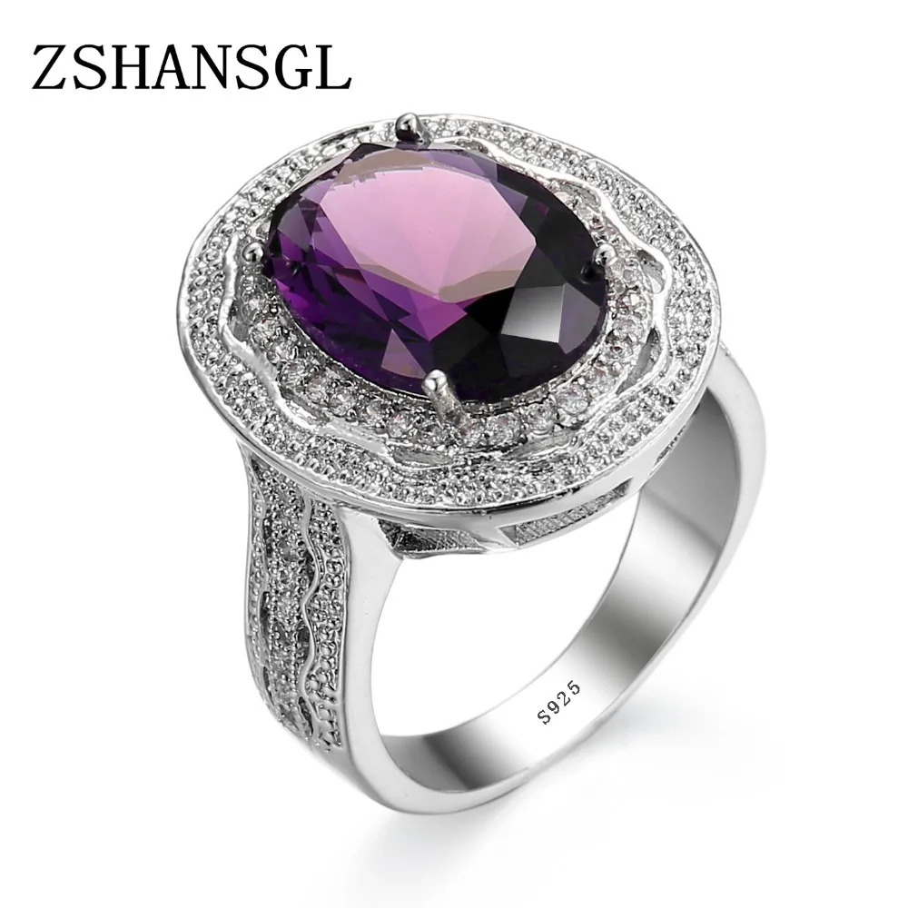 

Classic Silver Color Female Girl Big AAA Purple Crystal CZ Stone Ring Wedding 925 Sterling plata Rings Promise Engagement Ring