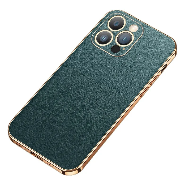 Luxury Metal Frame + Leather Back Cover For Iphone 13 Pro Max Business Pocket Thin Luxury Lens Fall Protection Case