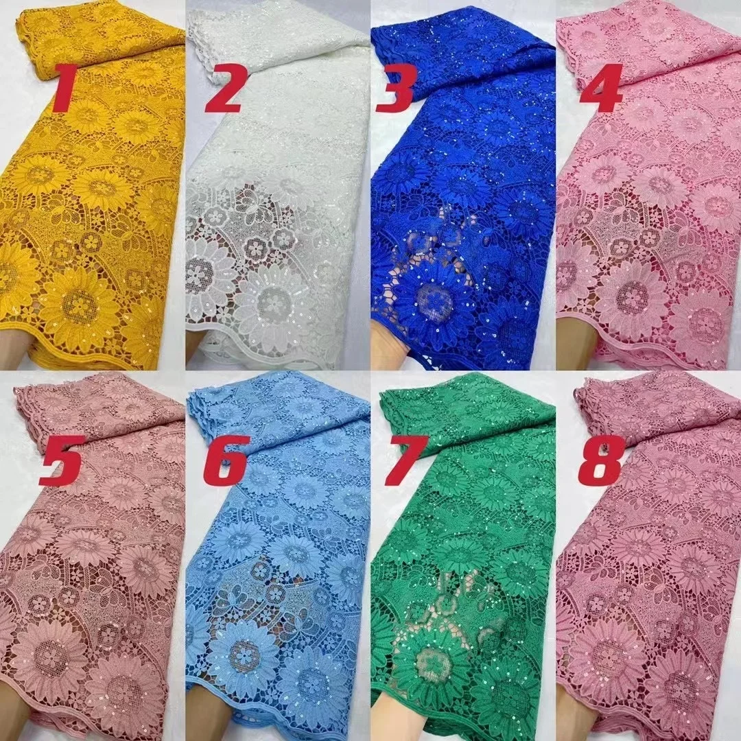 African Cord Guipure Lace Fabric 2023 High Quality Cotton Lace Nigerian French Water Soluble Lace Fabrics With Sequin For Party