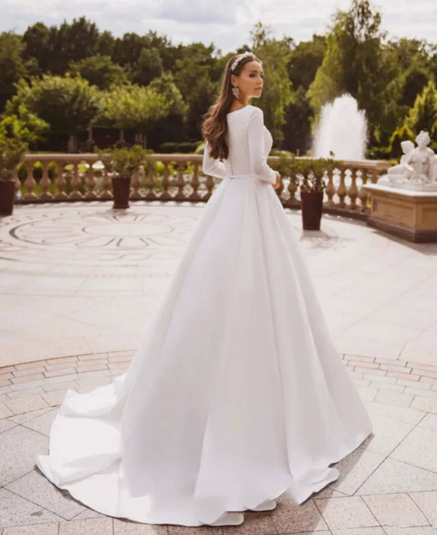 Элегантное атласное свадебное платье с длинным рукавом кружевное невесты