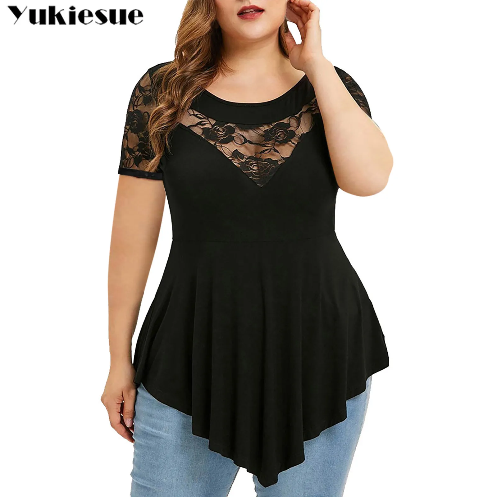 Женская Кружевная футболка с коротким рукавом размеры до 5XL |
