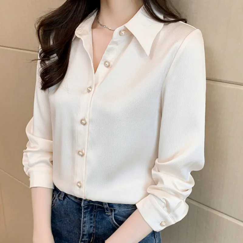 

Satin Women Shirts Spring Fashion Women Clothing OL Shirts Long Sleeve Blouse Pearl Button Up Shirt Solid Basic Ladies Tops