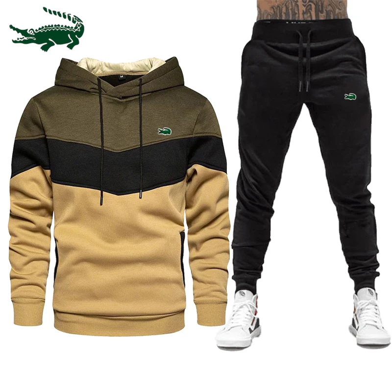 2023 New High Quality Men's Leisure Sports Color Contrast Hooded Plush Sweater Pullover+Outdoor Running Pants Set