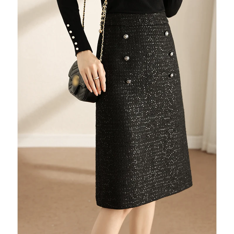 

Vimly Woolen Skirt Woemn 2022 Fashion Elegant Chic Winter Mid-length High Waist Slimming Hips A-line Black Skirt ladies V6807