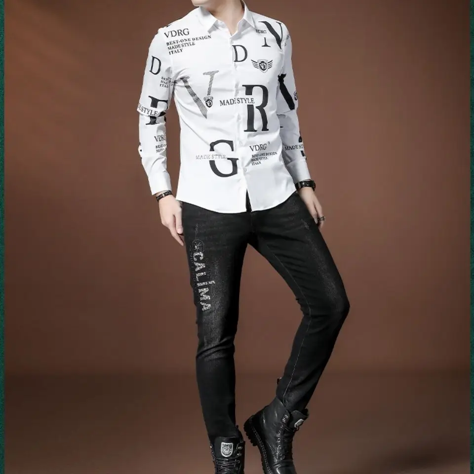 Men's spring and autumn long sleeve shirt fashion trend handsome letter printing slim shirt tide brand clothing jacket