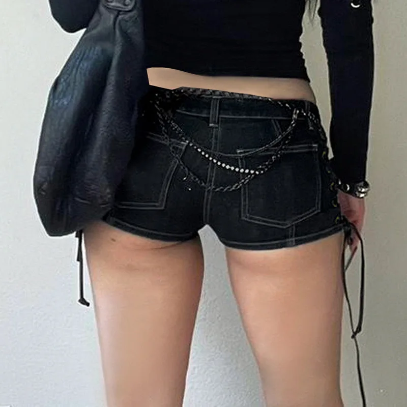 Goth Dark Bandage Side Y2k Denim Booty Shorts Gothic Sexy Low Waist Skinny Hot Bottoms Grunge Female Night Party Mini Short 2023