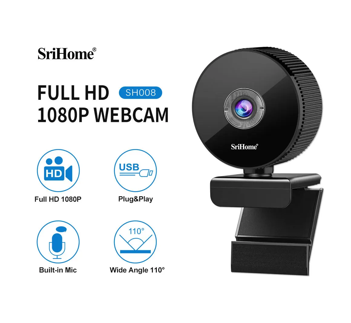 

Srihome SH008 Mini PC USB Webcam Full HD 1080P 2MP Desktop Laptop Video Camera With Microphone USB Plug&Play 110° viewing angle