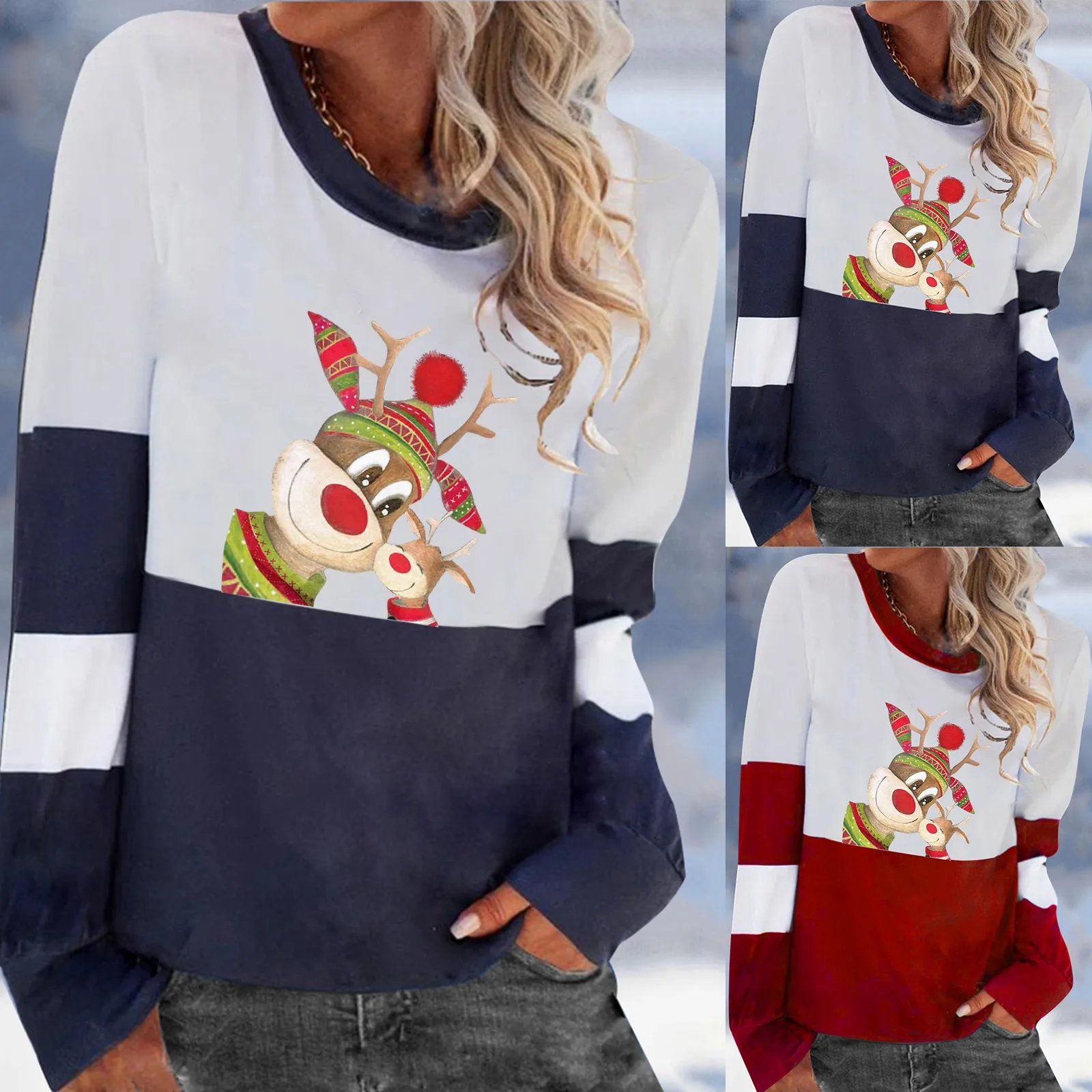 

Women Long Sleeve Crewneck Thin Sweatshirt Pullover Tops Christmas Designs Deer Printed Striped Long Sleeve Polyester Spandex