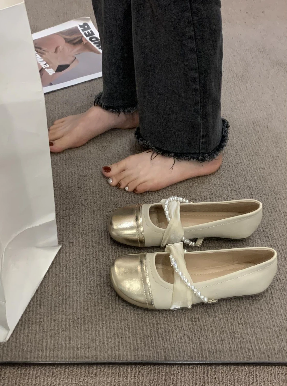 

Shoes for Women 2023 Round Toe Ladies Summer Footwear Pearl Mary Jane Flat Japanese Style Lolita Gothic Flats Elegant Dress Shoe