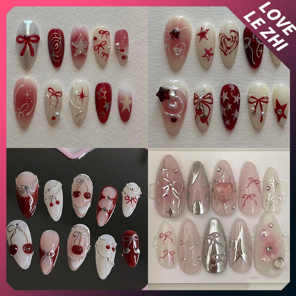 Съемные накладные ногти ручной работы с красной вишней миндалем милые летние