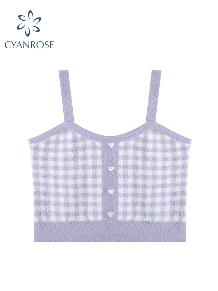 

2022 Spring Vintage Plaid Crop Top Women Sexy Female Tanks Vest Y2K Harajuku Summer Sweet Sleeveless Vest Square Collar Camisole